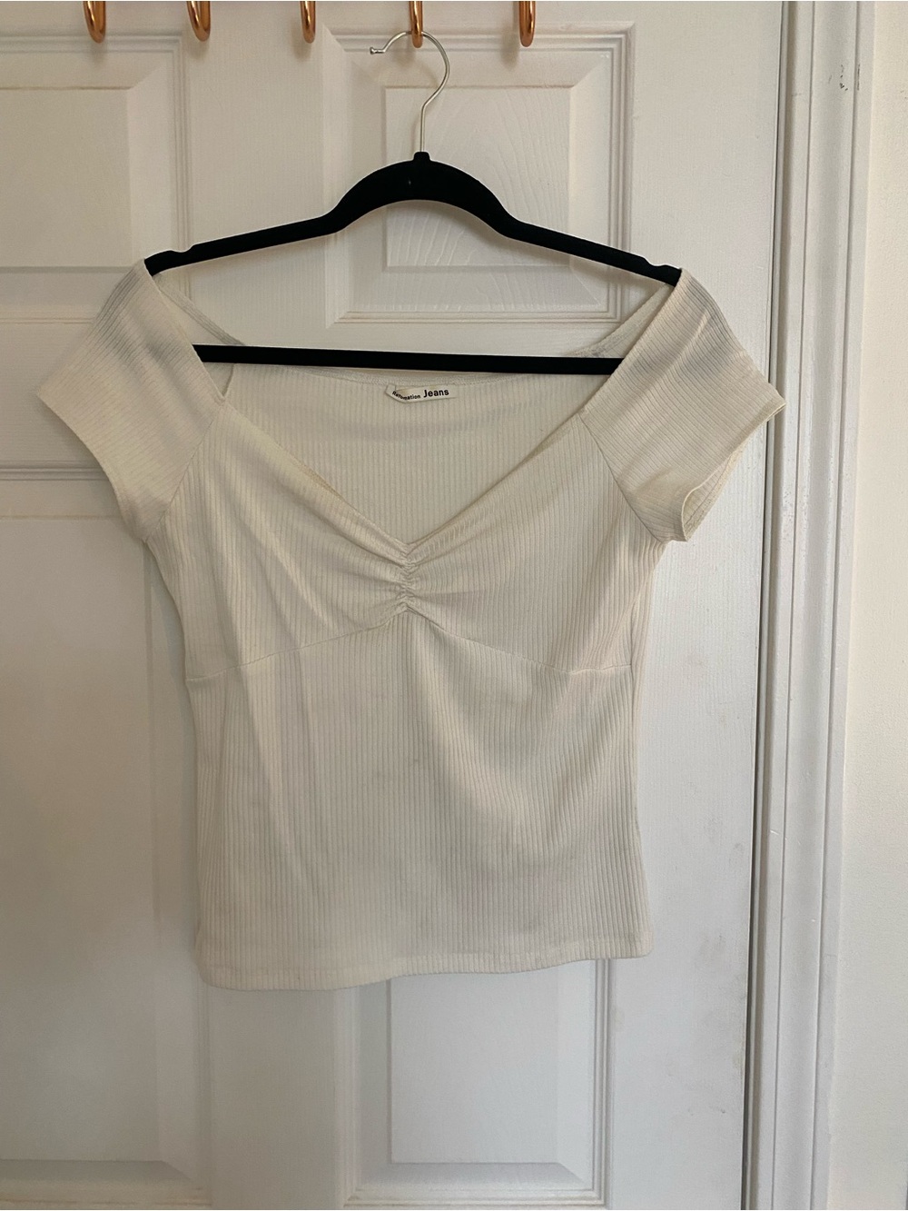 Reformation Cream Off-Shoulder Ribbed Tee with Front Gather